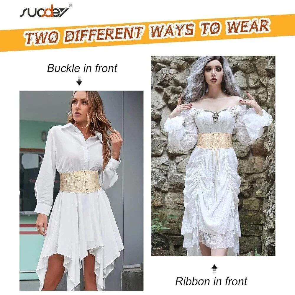 Women's Jacquard Corset Belt Lace Up Bustier Waspie Belt Renaissance White Beige